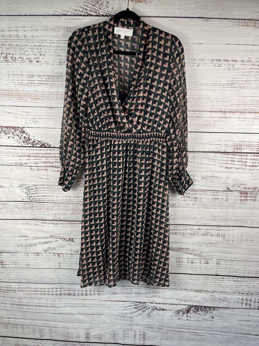 Superfoxx Dress Women's Size M Black Green Pink Geometric Surplice Midi Lined